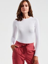 Damen Langarmshirt Weiß mit Jacquard-Zonen und 4-Wege-Stretch, als Base Layer oder solo, Größen XS–3XL, für Arbeit und Freizeit.